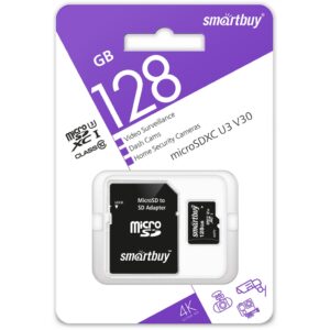 micro SDXC карта памяти Smartbuy 128GB cl10 U3 V30 для видеонаблюдения (с адаптером SD) 1