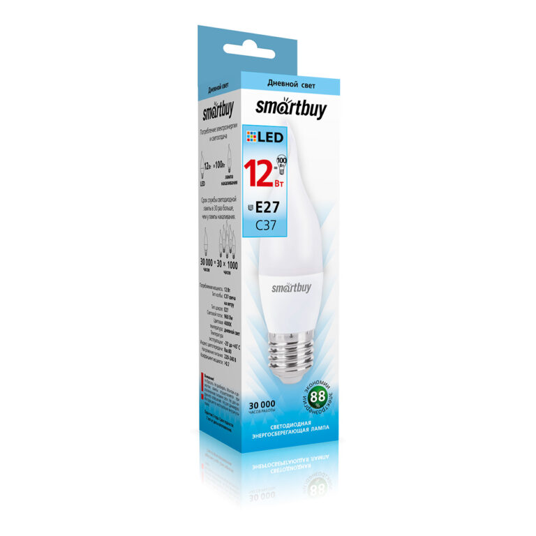 Светодиодная (LED) Свеча на ветру матовая Лампа Smartbuy-C37-12W/4000/E27 (SBL-C37Can-12-40K-E27) 1