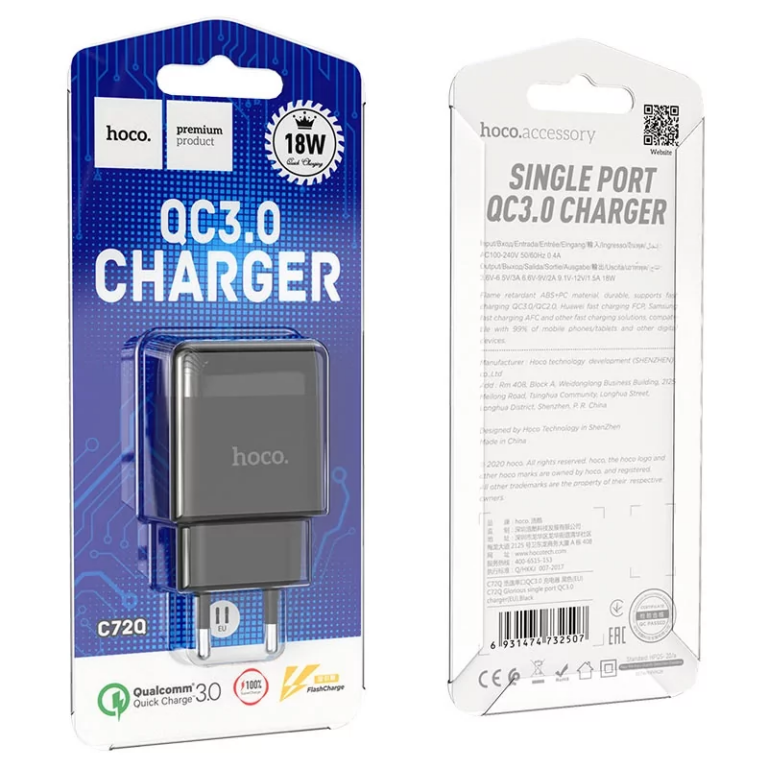 СЗУ 1USB 3.0A QC3.0 быстрая зарядка Hoco C72Q (Black) 1