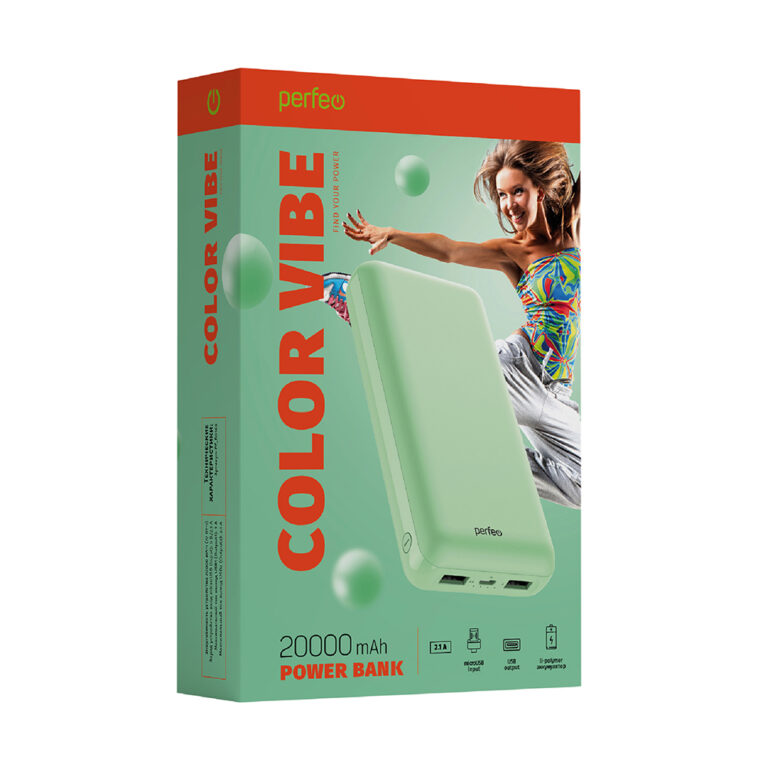 Perfeo Powerbank COLOR VIBE 20000 mah + Micro usb /In Micro usb /Out USB 1 А, 2.1A/ Mint 1