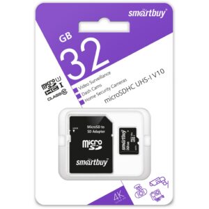 micro SDHC карта памяти Smartbuy 032GB cl10 U1 V10 для видеонаблюдения (с адаптером SD) 1