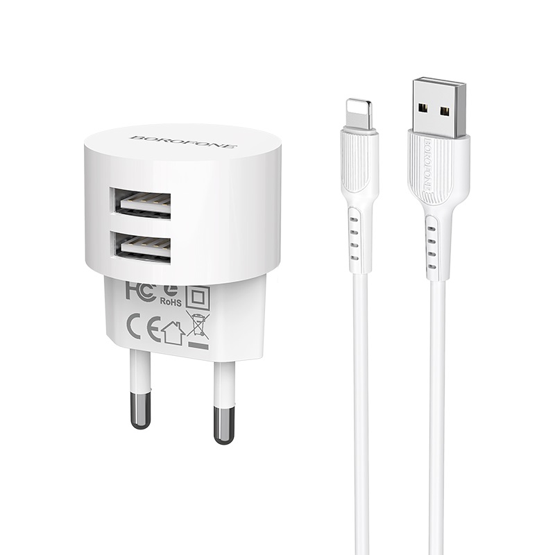 Сетевой адаптер питания BOROFONE BA23A 2USB 2.4A + кабель Lightning (белый) 1 Сетевой адаптер питания BOROFONE BA23A 2USB 2.4A + кабель Lightning (белый) 1