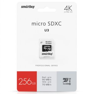 micro SDXC карта памяти Smartbuy 256GB Class10 PRO U3 R/W:90/70 MB/s (с адаптером SD) 1