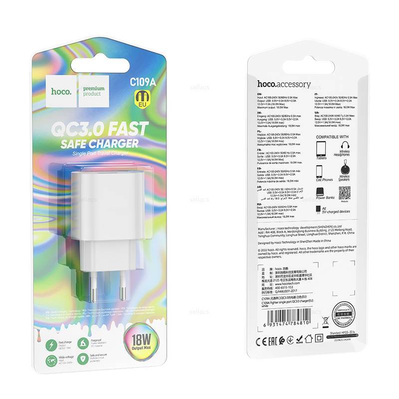 Сетевой адаптер питания HOCO C109A 1USB 18W QC3.0 (белый) 1 Сетевой адаптер питания HOCO C109A 1USB 18W QC3.0 (белый) 1