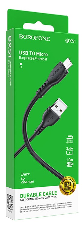 Дата-кабель USB 2.4A для micro USB Borofone BX51 ПВХ 1м (Black) 1