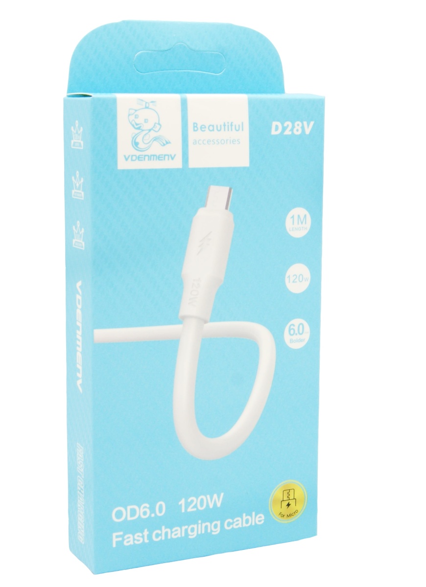 Кабель USB - Micro DENMEN D28V 120W (белый) 1м 1 Кабель USB - Micro DENMEN D28V 120W (белый) 1м 1