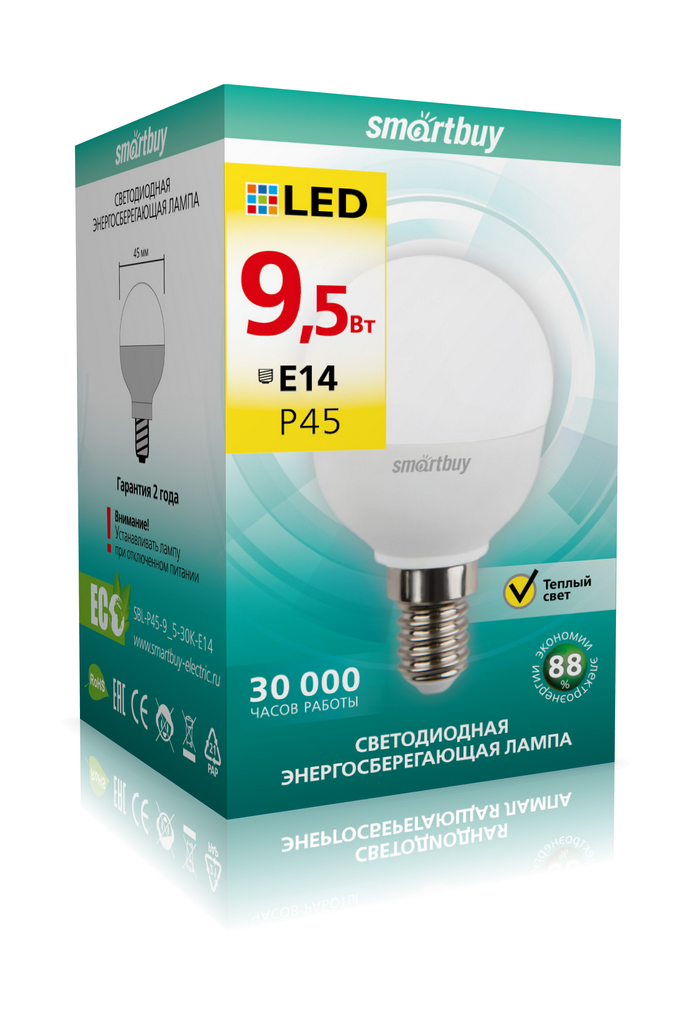 Светодиодная (LED) Лампа Smartbuy-P45-9,5W/3000/E14 (SBL-P45-9_5-30K-E14)/100 1