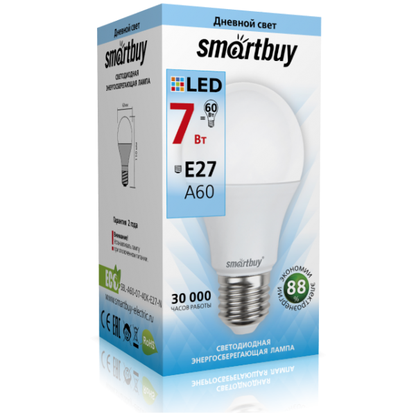 Светодиодная (LED) Лампа Smartbuy-A60-07W/4000/E27 (SBL-A60-07-40K-E27-N) 1 Светодиодная (LED) Лампа Smartbuy-A60-07W/4000/E27 (SBL-A60-07-40K-E27-N) 1
