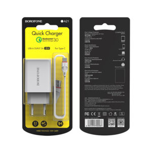 Сетевой адаптер питания BOROFONE BA21A 1USB QC 3.0 + кабель Type-C (белый) 1