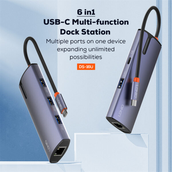 LDNIO DS-16U/ USB Hub 3.0/ 6в1:  PD+USB 2.0+USB 3.0*3+RJ45/ 100W/ Gray