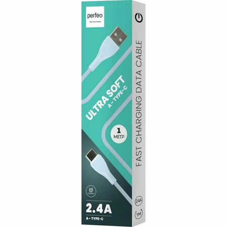 PERFEO Кабель USB A вилка - C вилка, 2.4A, голубой, силикон, длина 1 м., ULTRA SOFT (U4712) 1