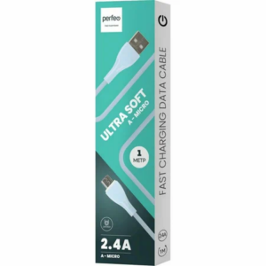 PERFEO Кабель USB A вилка - Micro USB вилка, 2.4A, голубой, силикон, длина 1 м., ULTRA SOFT (U4022) 1