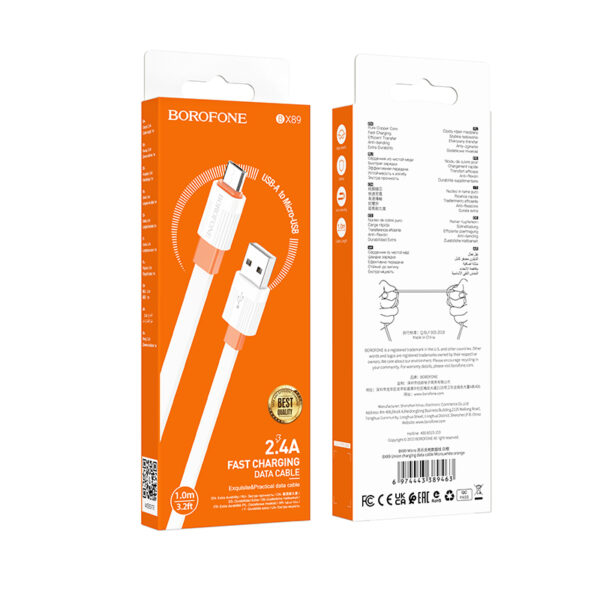 Дата-кабель USB 2.4A для Micro USB Borofone BX89 ПВХ 1м (White Orange)