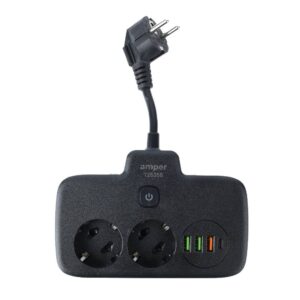 Amper сетевой удлинитель, 0,2м, 2 розетки, 3*0,75мм, 10А, 2500 Вт, 3usb, 1Type-C, 1кн, черный. 1