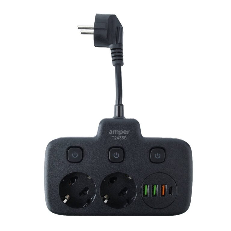 Amper сетевой удлинитель, 0,2м, 2 розетки, 3*0,75мм, 10А, 2500 Вт, 3usb, 1Type-C, 3кн, черный. 1