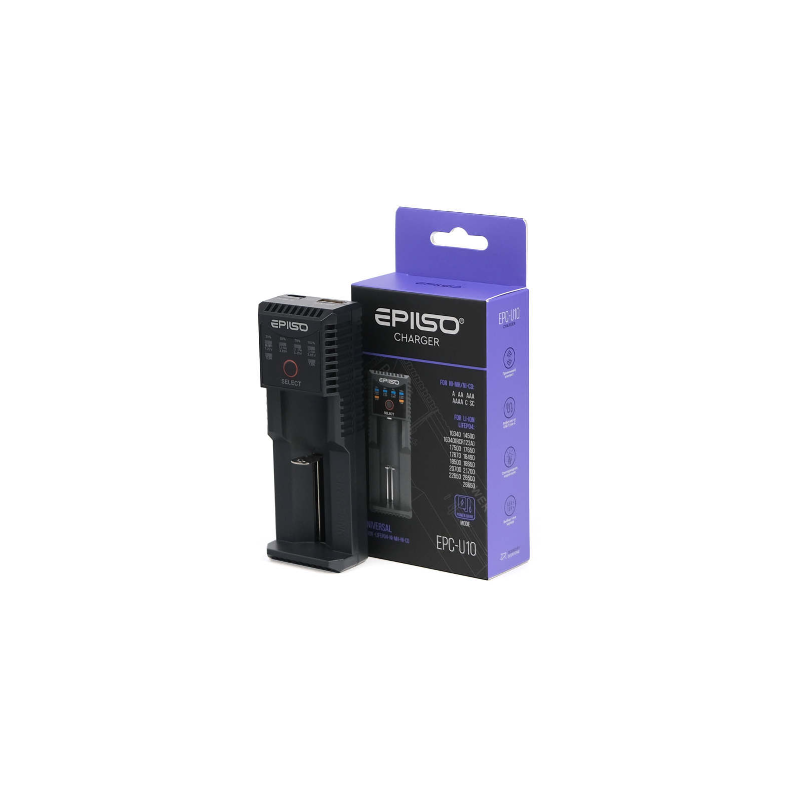 Зарядное устройство EPILSO EPC-U10 (пустое, 1х 10340, 14500, 16340, 18650, 26650, A, AA, AAA, C; Po 1 Зарядное устройство EPILSO EPC-U10 (пустое, 1х 10340, 14500, 16340, 18650, 26650, A, AA, AAA, C; Po 1