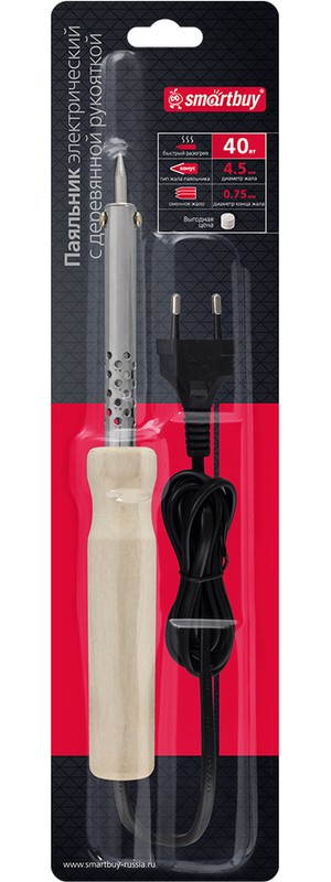 Паяльник электрический, 40 Вт, с дерев. рукояткой, длина шнура 1.1 м,Smartbuy Tools (SBT-SI-02) 1