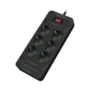 Amper сетевой удлинитель, 4,0м, 6 розеток, 10А, 2500 Вт, 4usb,2Type-C, черный. 1