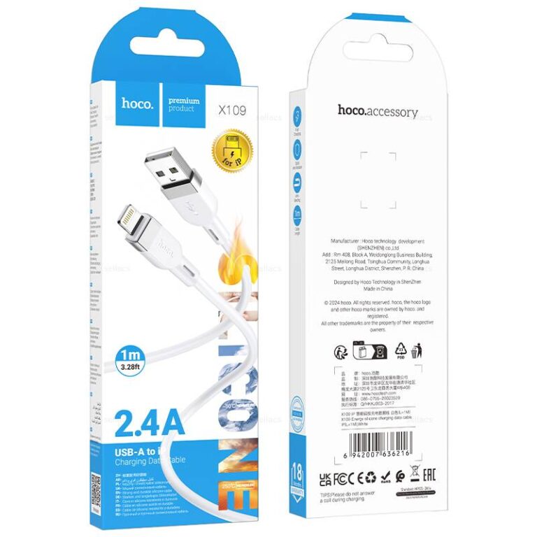 Дата-кабель USB 2.4A для Lightning 8-pin Hoco X109 силикон 1м (White) 1