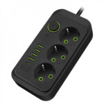 Amper сетевой удлинитель, 2,0м, 4 розетки, 3*0,75мм, 10А, 2500 Вт, 3usb, черный.