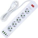 Amper сетевой удлинитель, 2,0м, 5 розеток, 10А, 2500 Вт, 3usb, белый.
