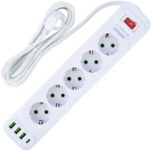 Amper сетевой удлинитель, 2,0м, 5 розеток, 10А, 2500 Вт, 3usb, белый. 1