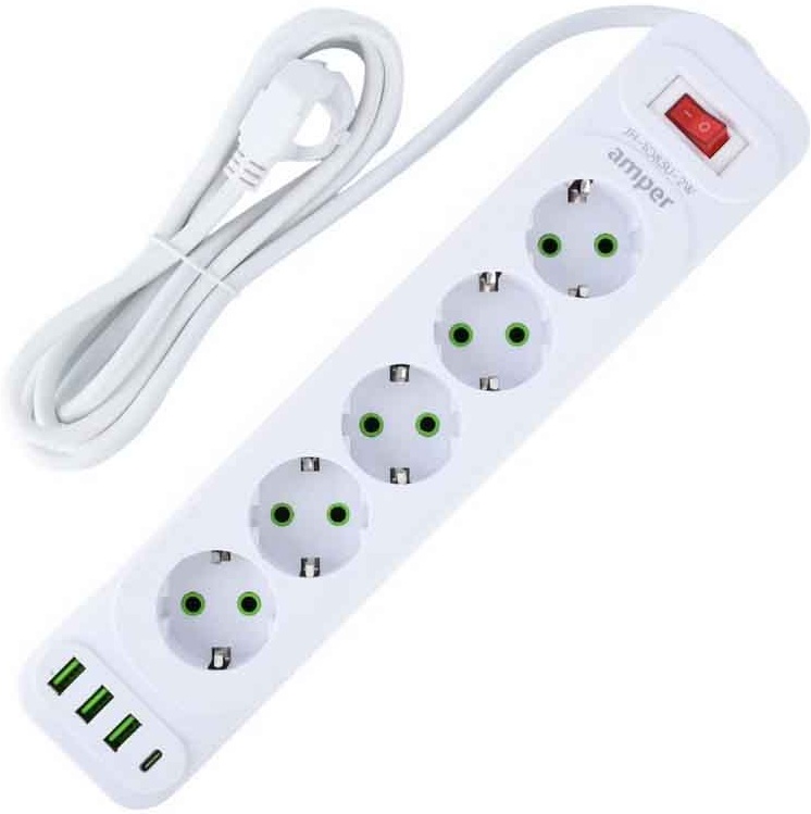 Amper сетевой удлинитель, 2,0м, 5 розеток, 10А, 2500 Вт, 3usb, белый. 1 Amper сетевой удлинитель, 2,0м, 5 розеток, 10А, 2500 Вт, 3usb, белый. 1