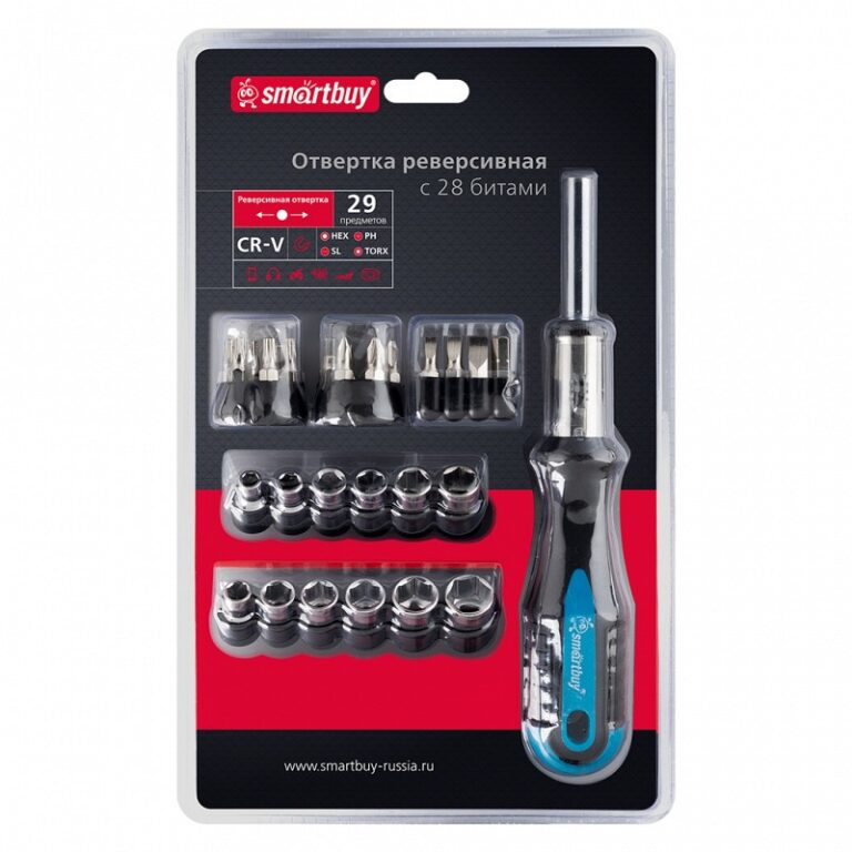 Отвертка реверсивная, с 28 битами, SL, PH, HEX, TORX, головки, CR-V сталь Smartbuy Tools 1
