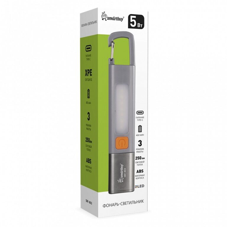 Фонарь с XPE светодиодом, и LED, аккум., карабин, Type C, ZOOM,3 режима, 15.6х3 см, ABS,  Smartbuy 1