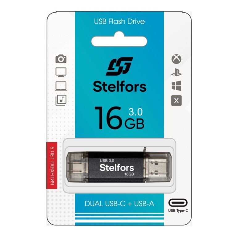 Флеш-накопитель 16GB USB 3.0 Stelfors DUAL Type-C+Type-A STAR серия (метал черный) 1