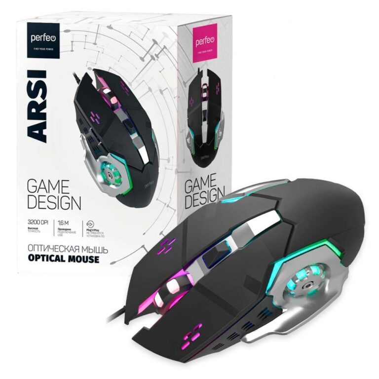Perfeo мышь оптическая "ARSI", 6 кн, 3200 DPI, GAME DESIGN, кабель 1,6м, LED подсв 6 цв, чёрн-серебр 1