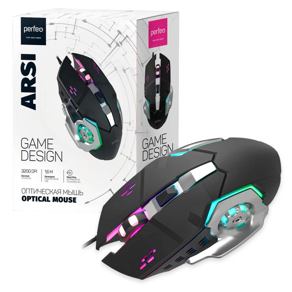 Perfeo мышь оптическая "ARSI", 6 кн, 3200 DPI, GAME DESIGN, кабель 1,6м, LED подсв 6 цв, чёрн-серебр 1 Perfeo мышь оптическая "ARSI", 6 кн, 3200 DPI, GAME DESIGN, кабель 1,6м, LED подсв 6 цв, чёрн-серебр 1