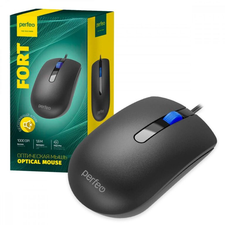 Perfeo мышь оптическая, "FORT", бесшумная, 3 кн, кабель 1,8м, DPI 1000, USB, чёрн. 1