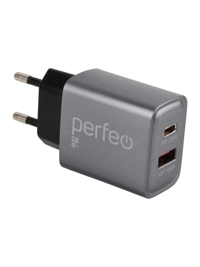 PERFEO Сетевое зарядное устройство с двумя разъемами USB-A+TYPE-C, 20W, серый (I4669) 1