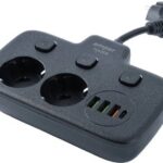 Amper сетевой удлинитель, 4,0м, 2 розетки, 10А, 2500 Вт, 3usb, черный.