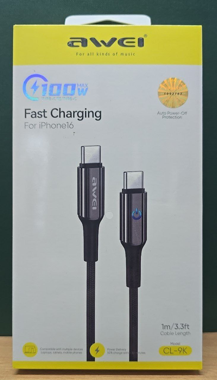 Кабель USB Awei CL9K Type-C/Type-C с авто отключением {Black} 1000mm 1