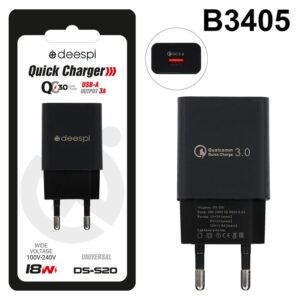 Сетевое зарядное устройство Deespi S20 5V/3.1A 1USB QC3.0 18W Black (в блистере) 10pcs 1
