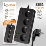 Сетевой фильтр-удлинитель LP SF401 4р 3USB A+C Gan 45W / 10А 2500W 2м (black)