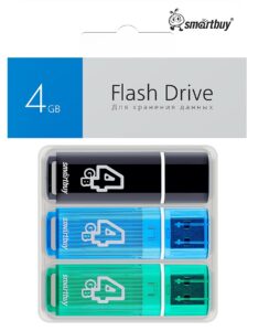 Комплект 3 шт USB 2.0 накопителей Smartbuy 004 ГБ серия Glossy Черный+Синий+Зеленый 1