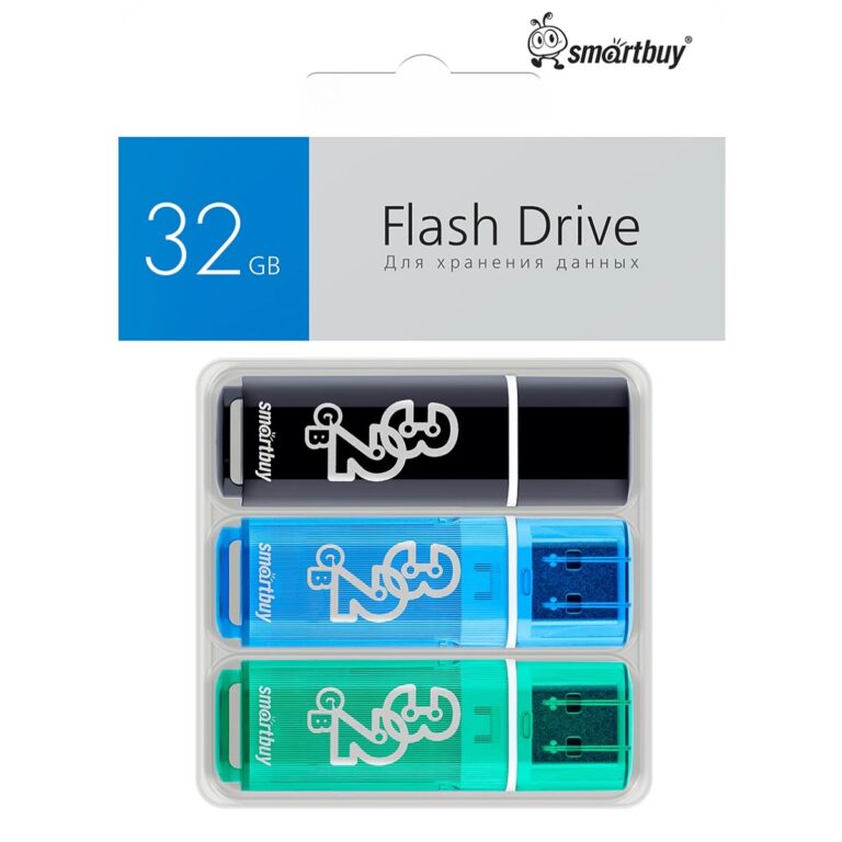 Комплект 3 шт USB 2.0 накопителей Smartbuy 032 ГБ серия Glossy Чёрный+Синий+Зелёный 1