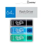 Комплект 3 шт USB 2.0 накопителей Smartbuy 064 ГБ серия Glossy Чёрный+Синий+Зелёный