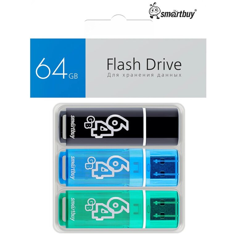 Комплект 3 шт USB 2.0 накопителей Smartbuy 064 ГБ серия Glossy Чёрный+Синий+Зелёный 1