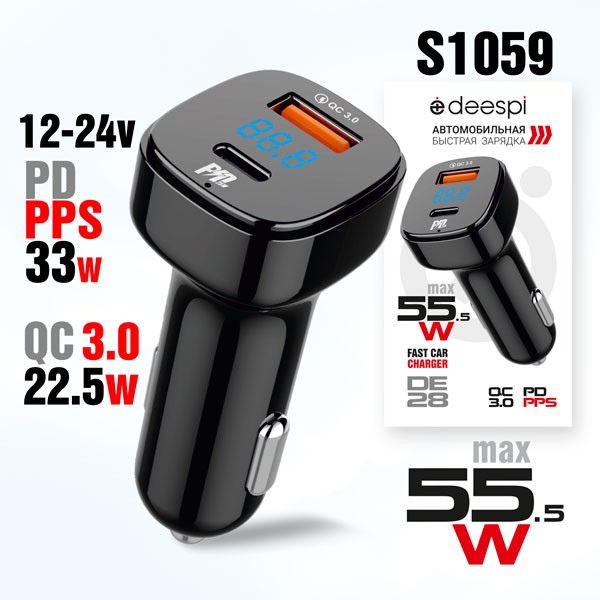 Автомобильное зарядное устройство deespi DE28 QC3.0 18W + PD30W с инд. вольтметра (black) 1