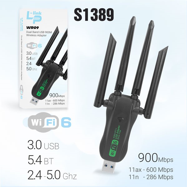 USB Адаптер WiFi6 + bluetooth WR09 2-диапозона (900Mbps) USB3.0 1