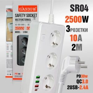Многофункциональный сетевой фильтр SR04 3 розетки + PD + QC3.0 + 2USB порт 2000mm Black 1