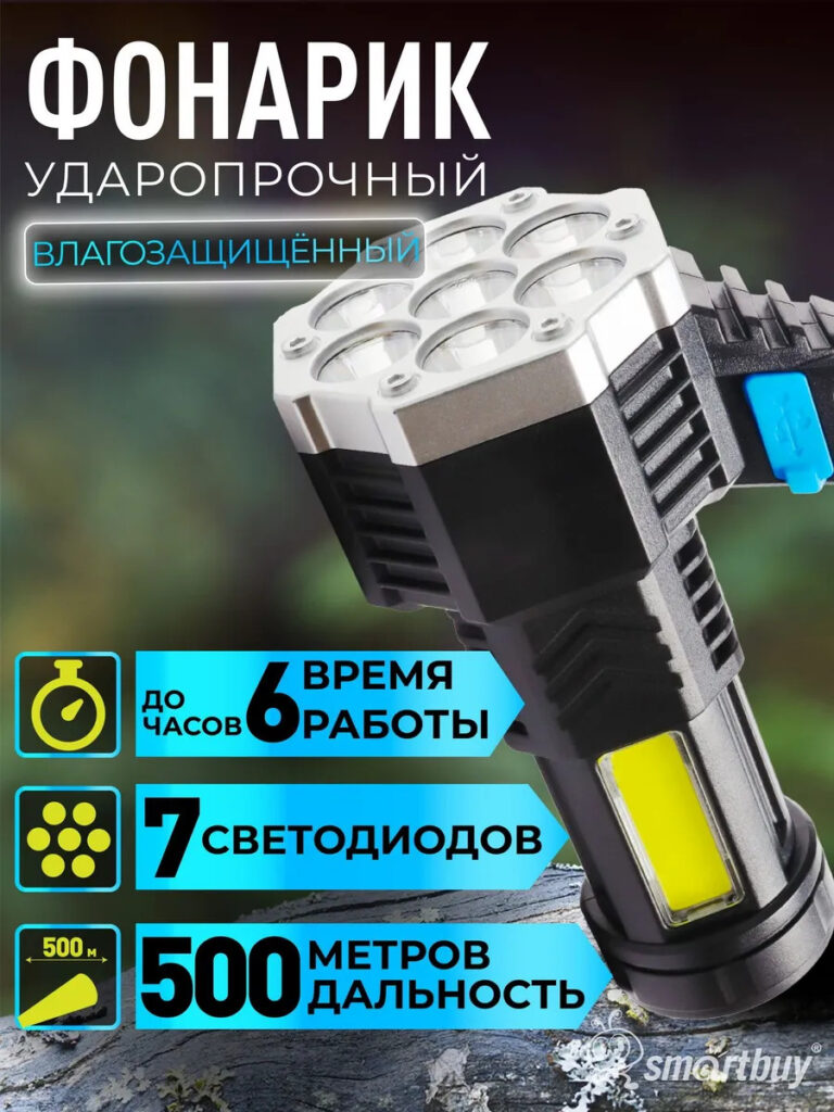 Фонарь-прожектор, 4 режима, заряд через USB 1