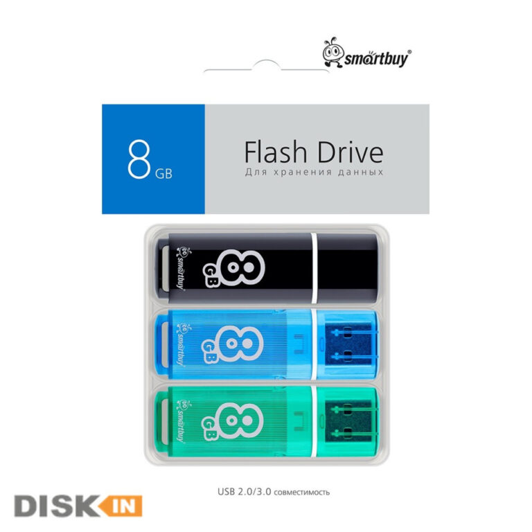 Комплект 3 шт USB 2.0 накопителей Smartbuy 008 ГБ серия Glossy Чёрный+Синий+Зелёный 1