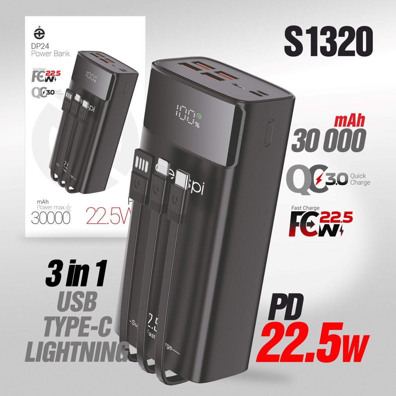 Внешний АКБ (Power bank) Deespi DP24 30000mAh PD20W/Fast 22.5W/Display/с проводами (black) 1 Внешний АКБ (Power bank) Deespi DP24 30000mAh PD20W/Fast 22.5W/Display/с проводами (black) 1