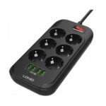 LDNIO SE6403/ Сетевой удлинитель 2м + ЗУ на 4 USB/ 6 розеток (медь) - 2500W/ USB - 17W/ Black&Gray