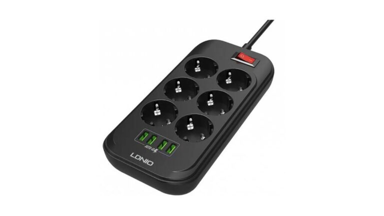 LDNIO SE6403/ Сетевой удлинитель 2м + ЗУ на 4 USB/ 6 розеток (медь) - 2500W/ USB - 17W/ Black&Gray 1